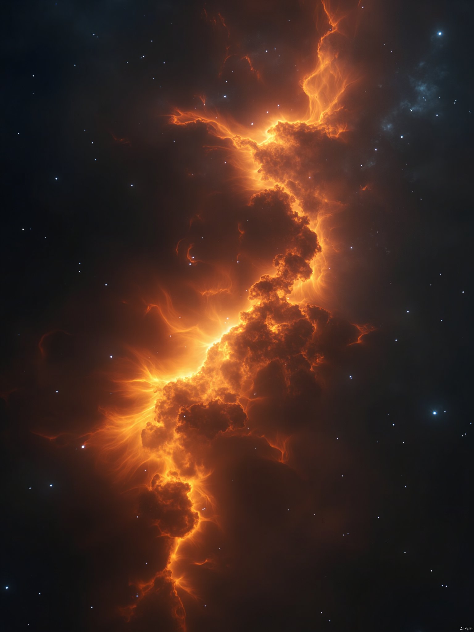 OBfjing,
a vibrant orange and yellow swirl can be seen against a dark backdrop
adorned with white stars. The swirls
creating a striking contrast against the dark sky
adding a pop of color to the otherwise monochromatic image.