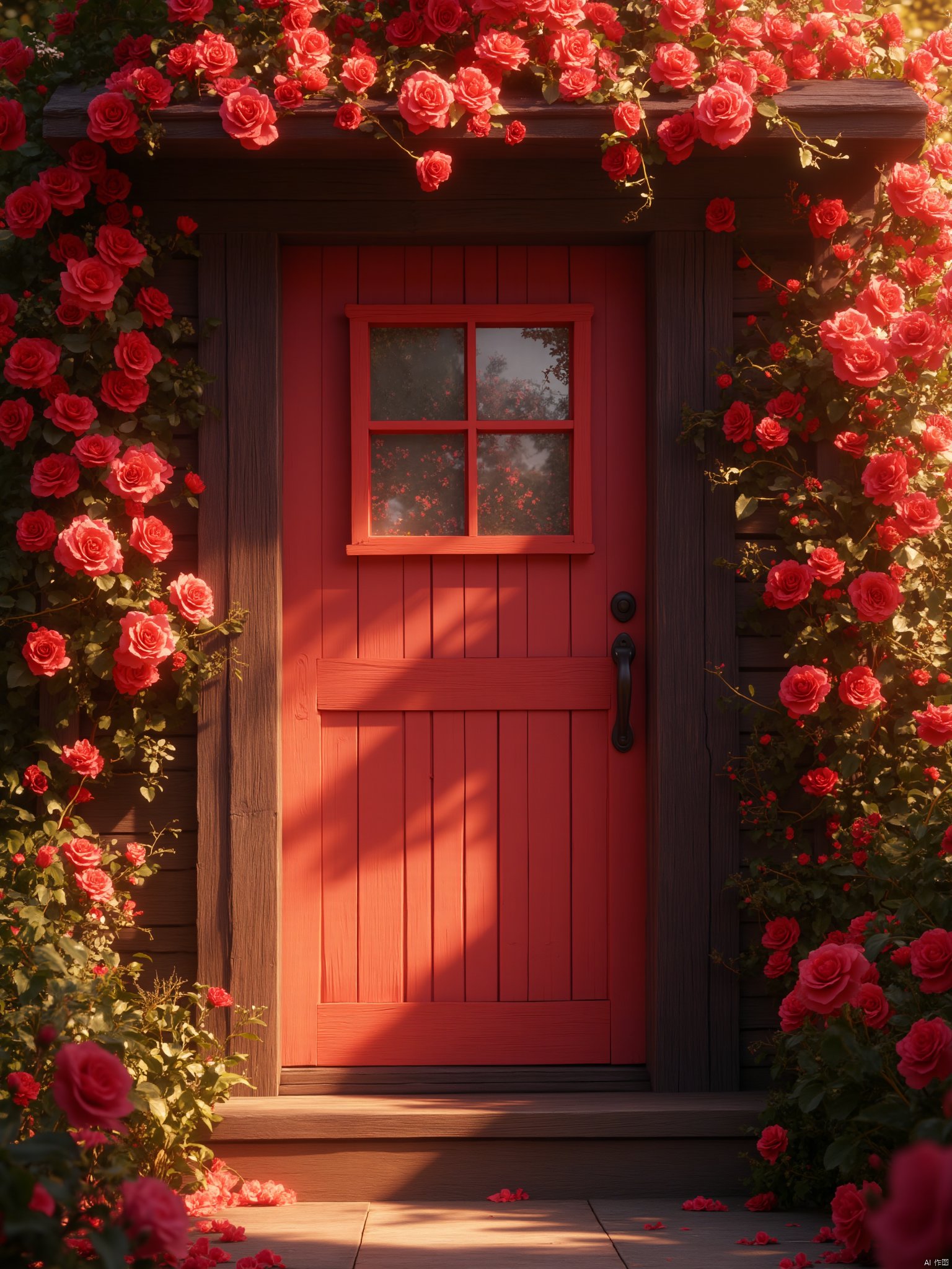 OBfjing,
a vibrant red wooden door
adorned with a glass window
is flanked by two dark wooden planks. The door's frame is adorned with red flowers
adding a touch of color to the scene. The leaves
stems
and branches of the roses
adding depth and texture to the composition. The sun is shining through the leaves
creating a soft glow on the door.