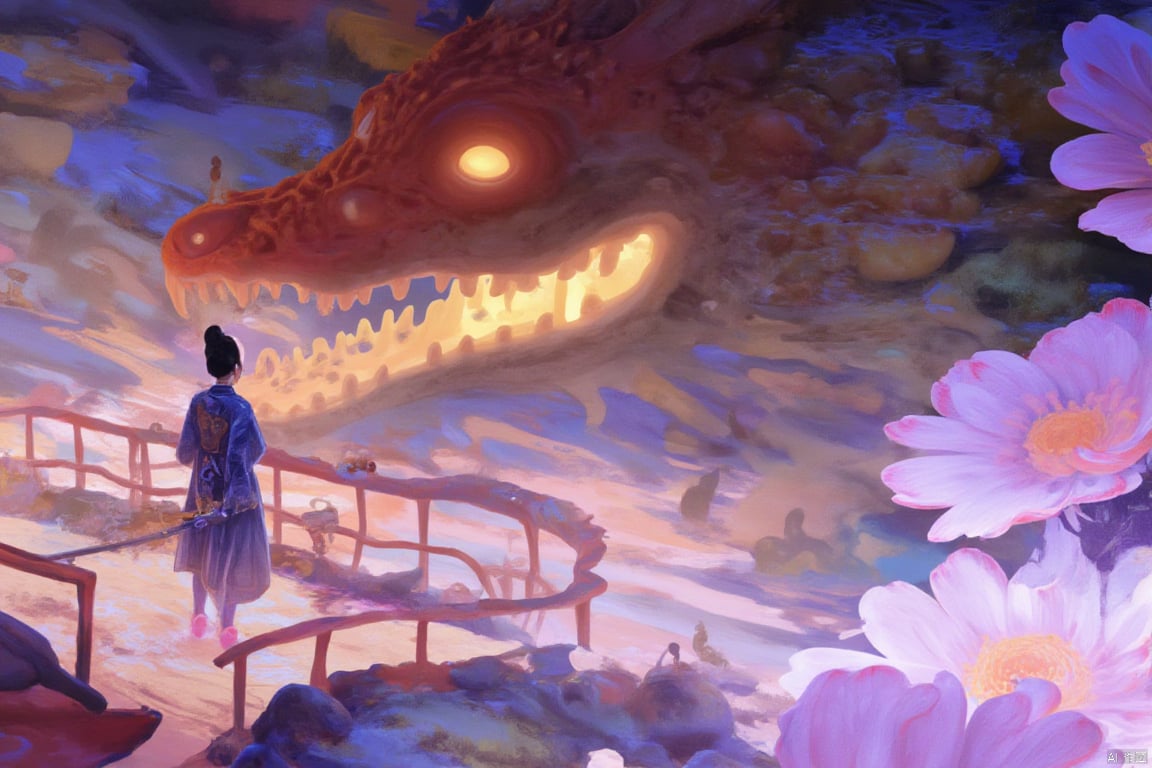 a vibrant painting captures a dragon's head in the foreground. The dragon's face is adorned with glowing orange eyes and sharp claws. Its mouth is open, revealing sharp teeth and sharp teeth. Its eyes are a piercing yellow, adding a pop of color to the scene. A woman, dressed in a traditional Asian outfit, stands on a wooden bridge, holding a sword in her right hand. Her hair is pulled back in a ponytail, framing her head. The bridge, adorned with a red railing, adds a touch of contrast to the painting. To the right of the frame, a large pink flower is visible, adding depth to the composition.This style comes from yt Dream