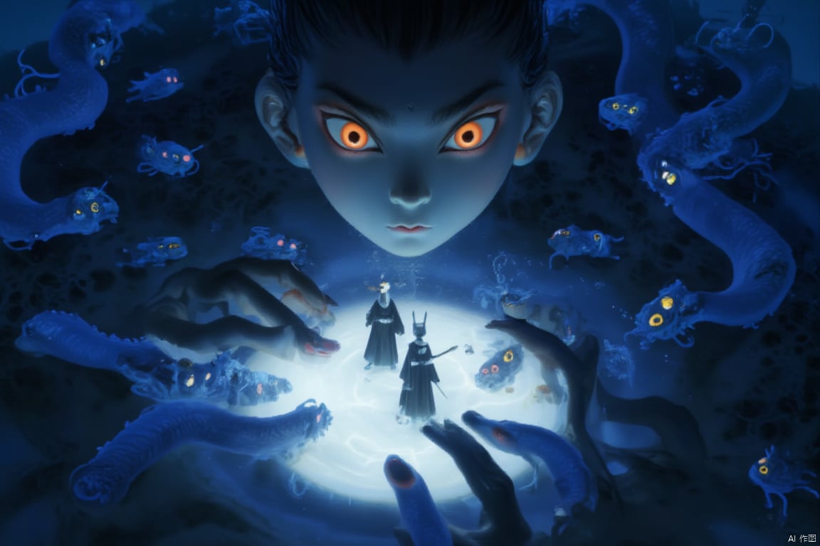 a vibrant underwater scene features a woman's face adorned with glowing glowing eyes. Her eyes are a deep orange, adding a pop of color to the scene. Her face is adorned with a black headdress, adorned with black hair and a black dress. She is standing on a white circular object, her hands are positioned in a way that creates a striking contrast to the blue sea creatures. The sea creatures, each with a unique unique design, are floating in the air, adding depth to the composition.,loong,