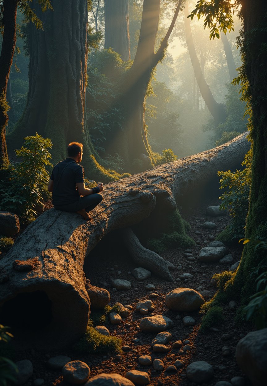 Amidst the dense underbrush of a primordial jungle, an ancient log, weathered to perfection, sprawls across the forest floor. The camera captures its intricate texture and rich color palette in stunning detail, as if the viewer can reach out and touch its gnarled surface. a man sits on log, The dimly lit environment is bathed in warm, golden tones, with dappled shadows dancing across the scene, drawing the eye into the heart of the jungle.