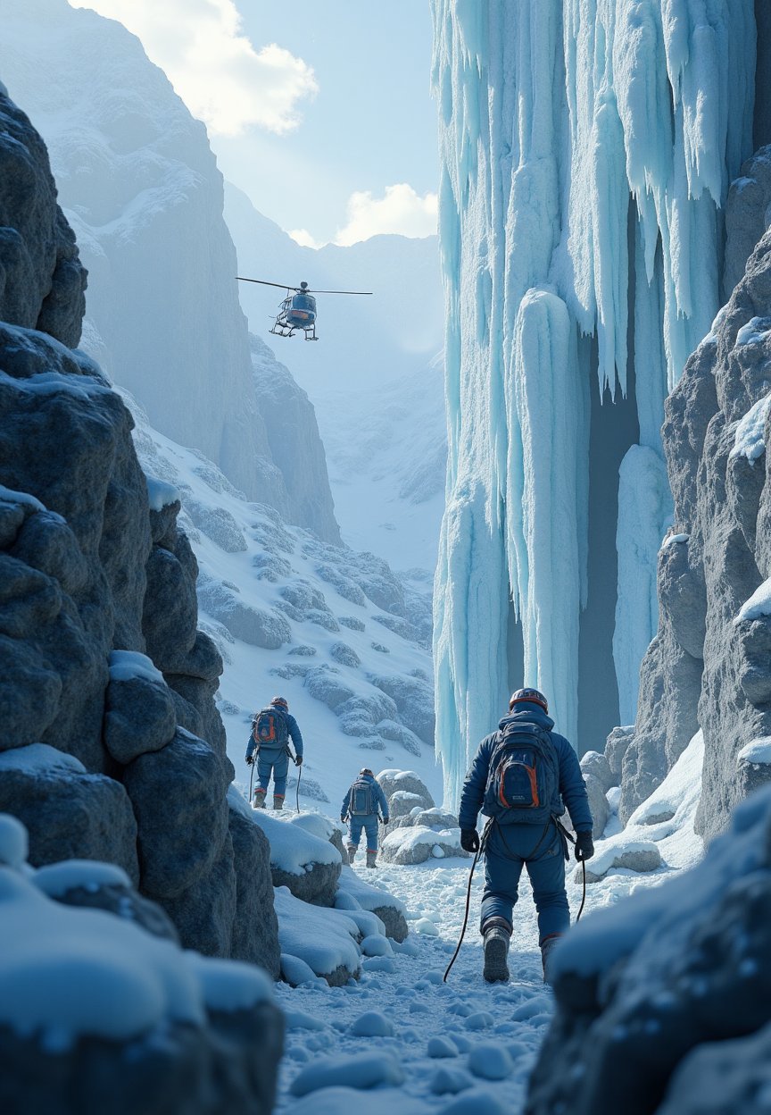 In a breathtaking ultra-realism portrait ((full body)) image of climbers scale a sheer ice wall as a helicopter pursues them. The ice and snow are hyper-realistic, each flake and crack in the ice clearly visible, adding to the tension as they climb toward safety. ultra-realism details, 32k, Super High definition, Vibrant Colors, Ultra Smooth, ultra-realism, cinematic shot, dreamwave, aesthetic,Imp'roveBG