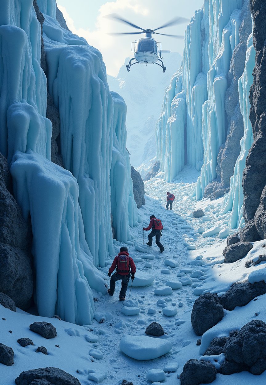 In a breathtaking ultra-realism close up image of climbers scale a sheer ice wall as a helicopter pursues them. The ice and snow are hyper-realistic, each flake and crack in the ice clearly visible, adding to the tension as they climb toward safety. ultra-realism details, 32k, Super High definition, Vibrant Colors, Ultra Smooth, ultra-realism, cinematic shot, dreamwave, aesthetic,Imp'roveBG