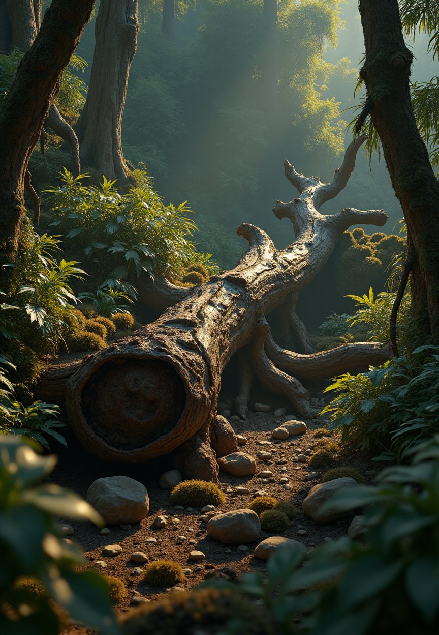 Amidst the dense underbrush of a primordial jungle, an ancient log, weathered to perfection, sprawls across the forest floor. The camera captures its intricate texture and rich color palette in stunning detail, as if the viewer can reach out and touch its gnarled surface. The dimly lit environment is bathed in warm, golden tones, with dappled shadows dancing across the scene, drawing the eye into the heart of the jungle.