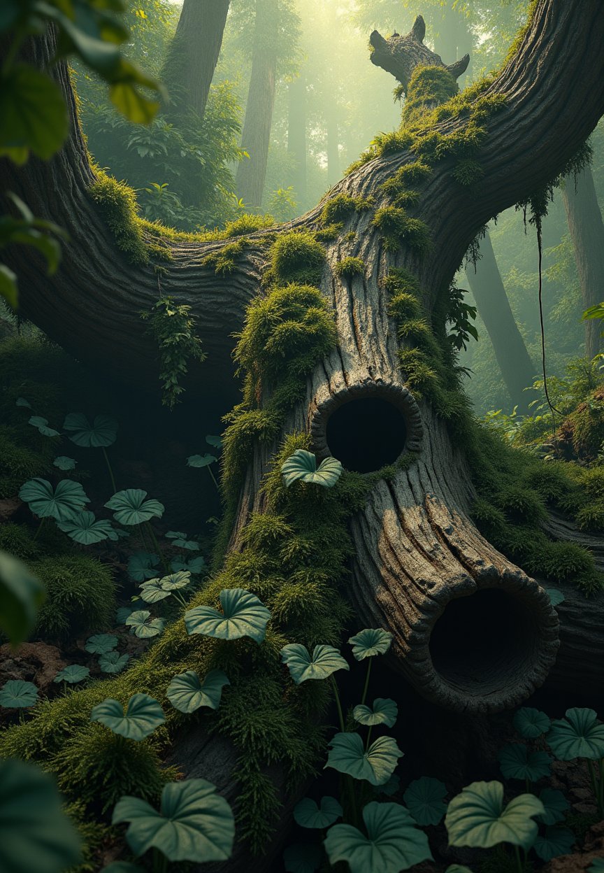 Vines and moss encase the ancient log, worn smooth by time's whispers. Inky black shadows dance across the gnarled surface as sunlight filters through the dense foliage above. The camera lingers on this forgotten relic, a testament to nature's patient power. Ultra-realism textures: weathered wood grain, verdant leaf patterns, and dew-kissed spider webs.