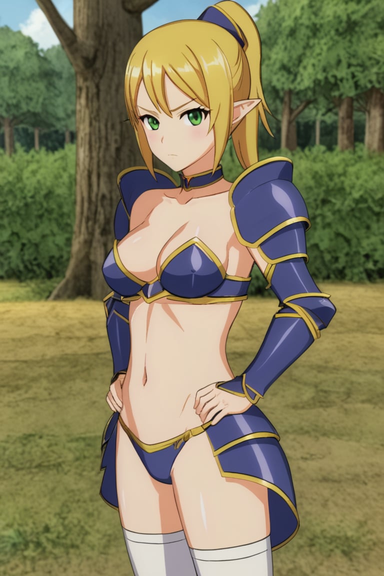 1girl, solo, ekgiselle, blonde hair, ponytail, green eyes, pointy ears, blue armor, bikini armor, strapless, white thighhighs, outdoors, forest, grass, bushes, standing, serious, looking at viewer, cowboy shot, from front,