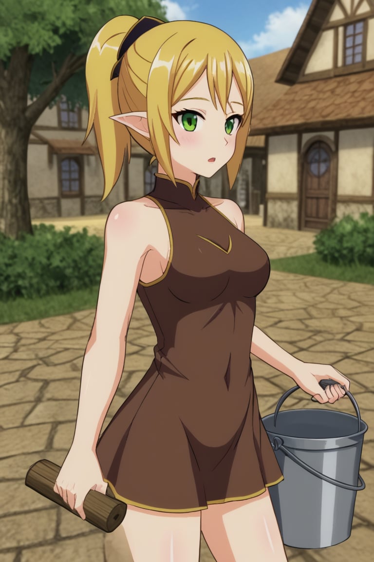 1girl, solo, ekgiselle, blonde hair, ponytail, green eyes, pointy ears, brown dress, short dress, sleeveless, outdoors, village, holding, bucket, parted lips, cowboy shot