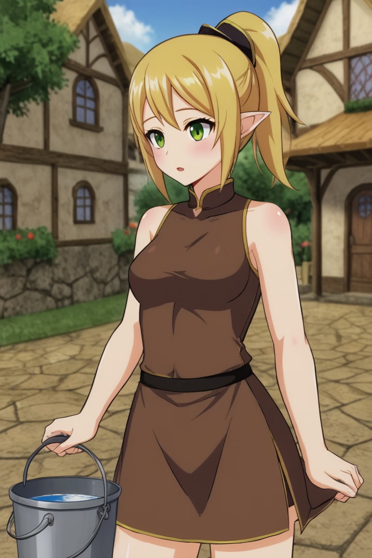 1girl, solo, ekgiselle, blonde hair, ponytail, green eyes, pointy ears, brown dress, short dress, sleeveless, outdoors, village, holding, bucket, parted lips, cowboy shot