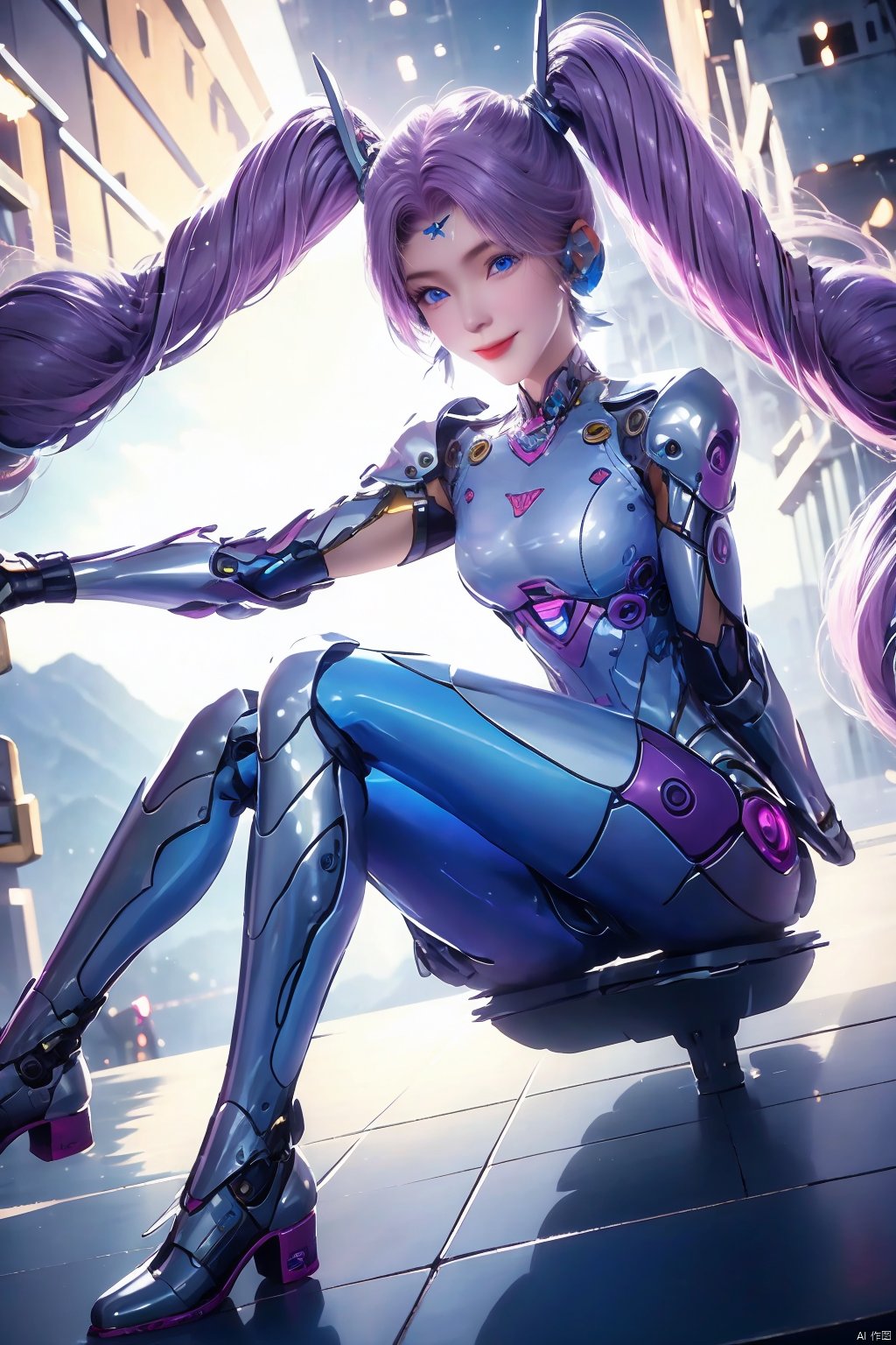 1girl, solo, long hair, breasts, looking at viewer, smile, blue eyes, twintails, medium breasts, sitting, very long hair, full body, purple hair, armor, bodysuit