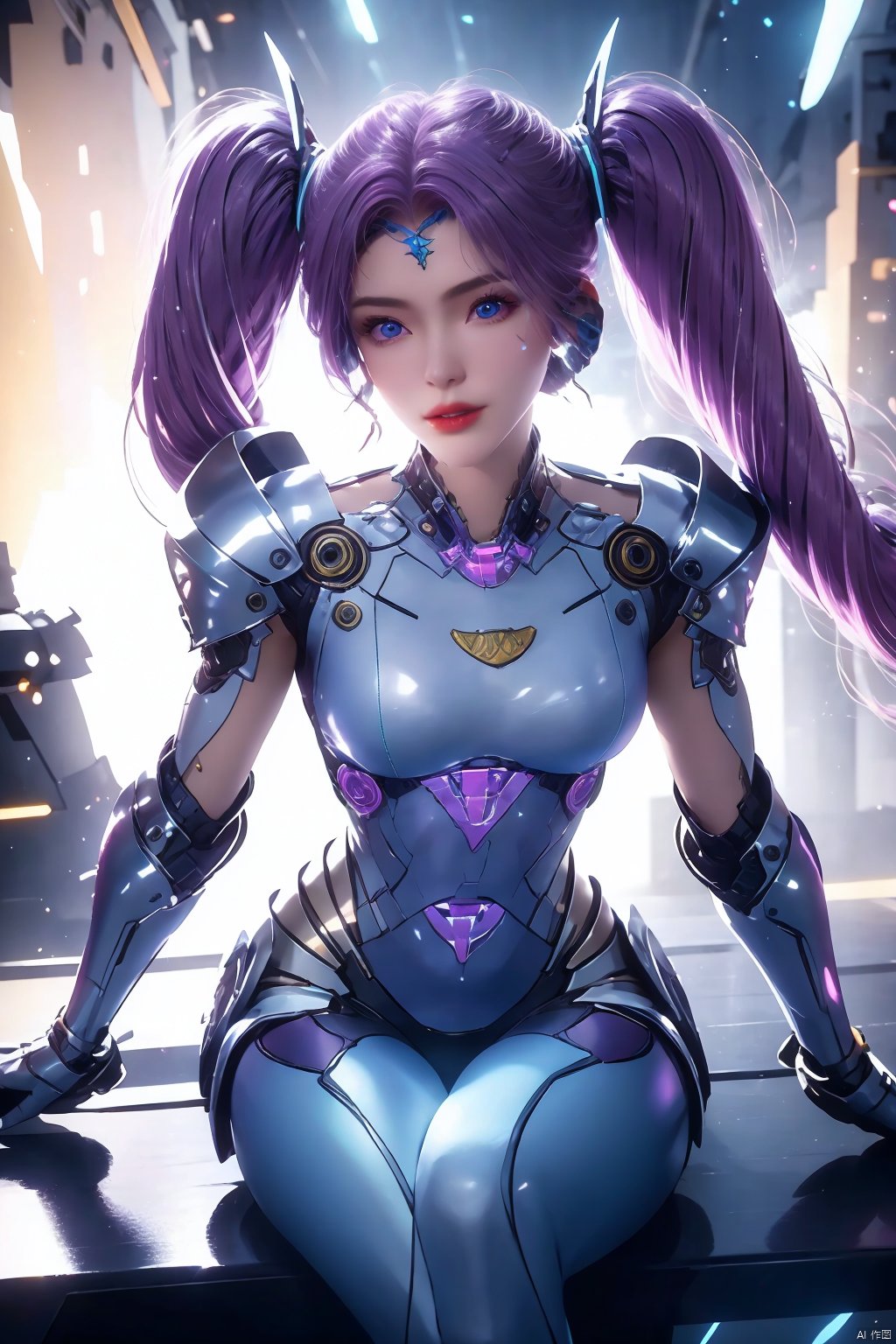 1girl, solo, long hair, breasts, looking at viewer, blue eyes, hair ornament, gloves, twintails, medium breasts, sitting, purple hair, cowboy shot, parted lips, alternate costume, armor, lips, bodysuit, makeup, alternate hairstyle, glowing, facial mark, light particles, backlighting, nose