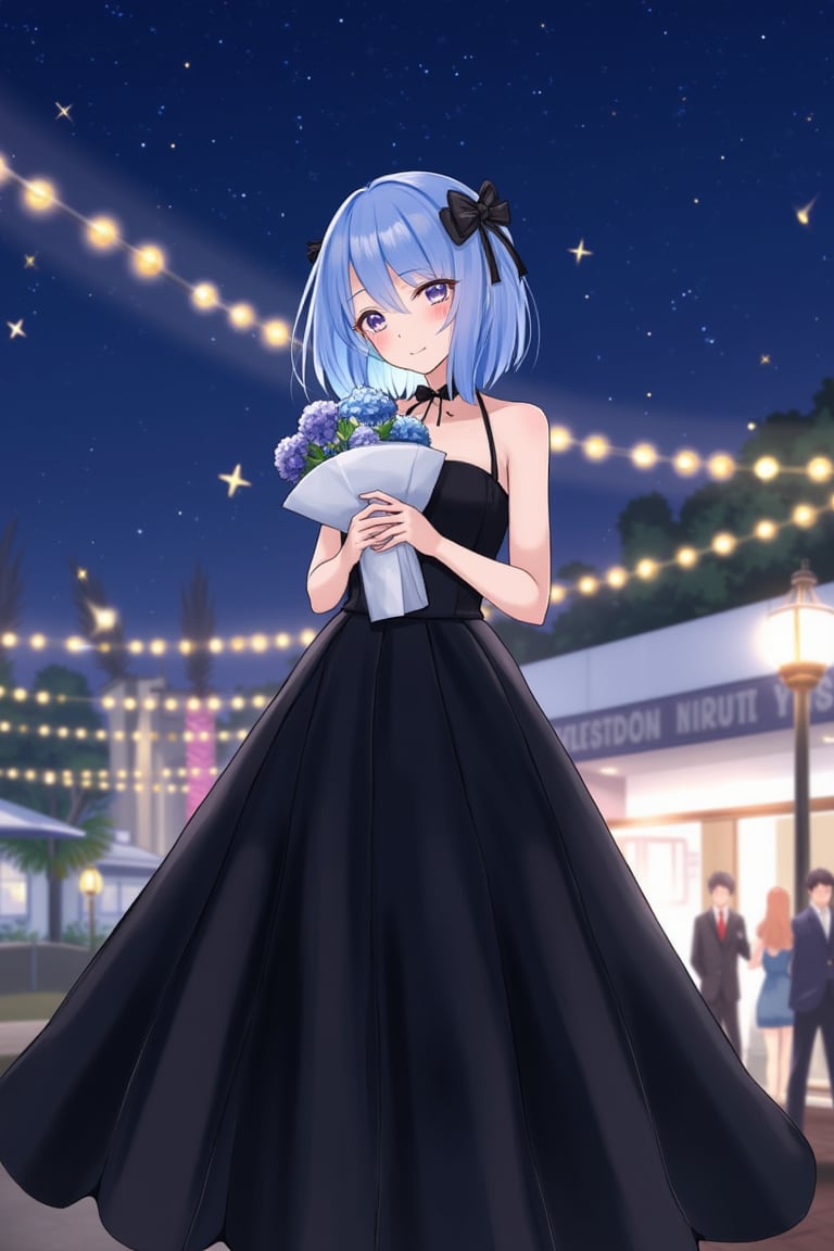 animehyf features a short blue-haired girl in a chic black gown, holding a bouquet under a starry night sky at an outdoor party.