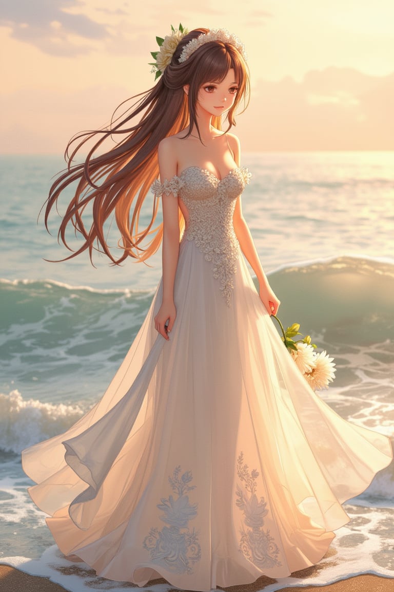 animehyf depicts a brown-haired girl in an elegant wedding gown, standing on the shore at dawn, with waves gently brushing her feet.