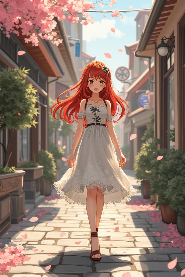 animehyf shows a red-haired girl in a lace dress, strolling down a cobblestone street lined with spring flower petals.