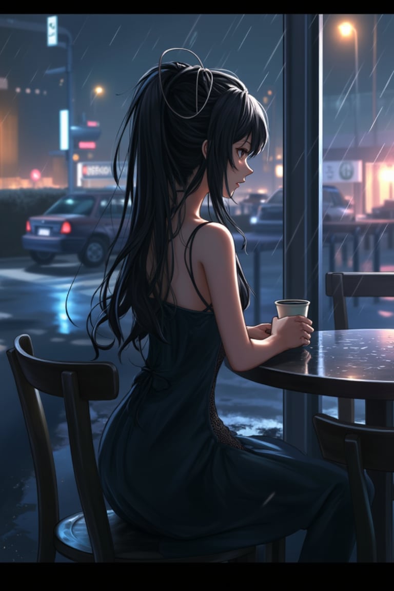 animehyf shows a black-haired girl in a sleek evening dress, watching the rain from a café window at night.