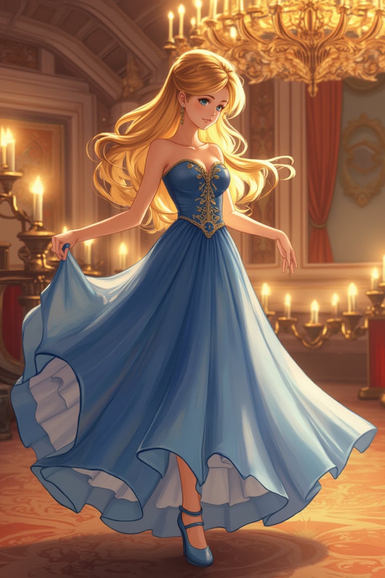 animehyf presents a blonde-haired girl in a blue ball gown, twirling gracefully in a grand ballroom filled with candlelight.