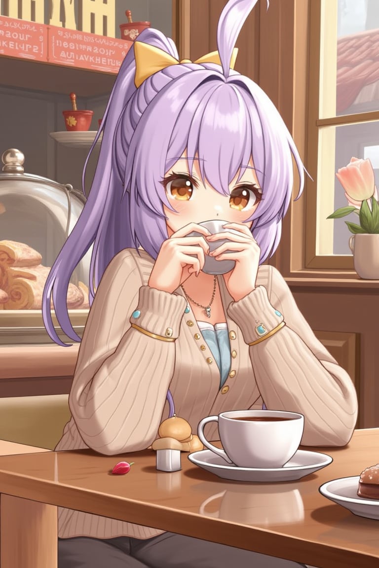 animehyf features a lavender-haired girl in a cozy sweater, sipping tea in a quaint bakery on a cool autumn afternoon.