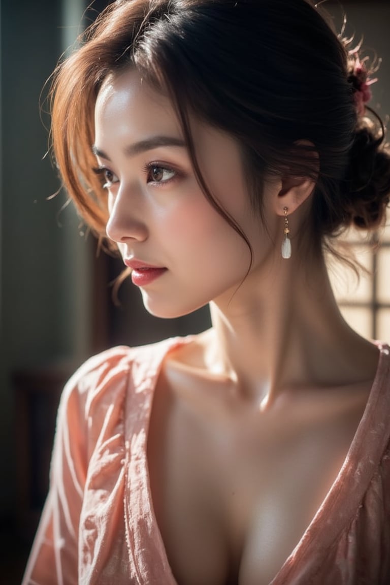 A stunningly beautiful Japanese woman, salmon-colored kimono, cinematic, highly details, immersive atmosphere, impeccably detailed, visually stunning, transfixing looks, emotive depth, artistic emotionality, compelling glances, 