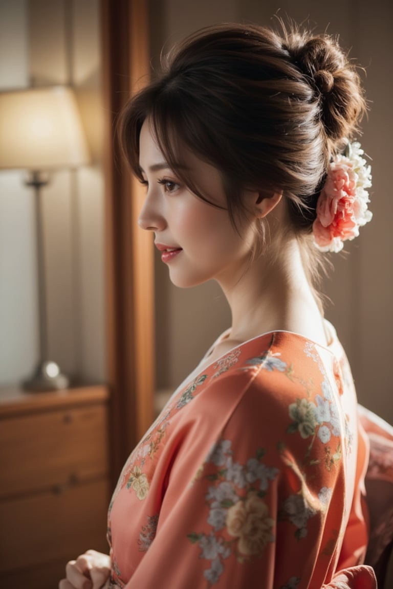 A beautiful Japanese woman, salmon-colored kimono, cinematic, highly details