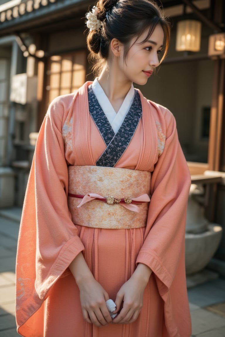 A beautiful Japanese woman, salmon-colored kimono, cinematic, highly details