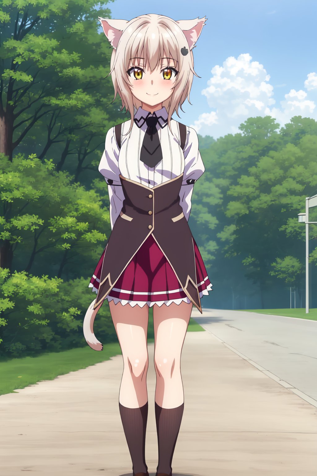 Koneko Tōjō, (8k, HD), 1 girl, alone, short hair, skirt, animal ears, school uniform, tail, yellow eyes, socks, cat ears, cat tail, knee high socks, smile, looking at viewer, blushing, hand on waist, one hand behind back, standing,