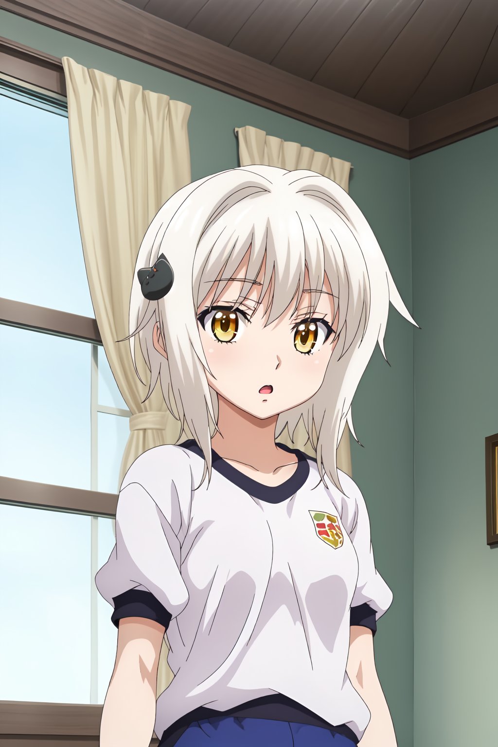 Koneko Tōjō, 1girl, solo, looking at viewer, short hair, open mouth, hair ornament, yellow eyes, white hair, indoors, window, curtains, gym uniform, cat hair ornament, anime coloring