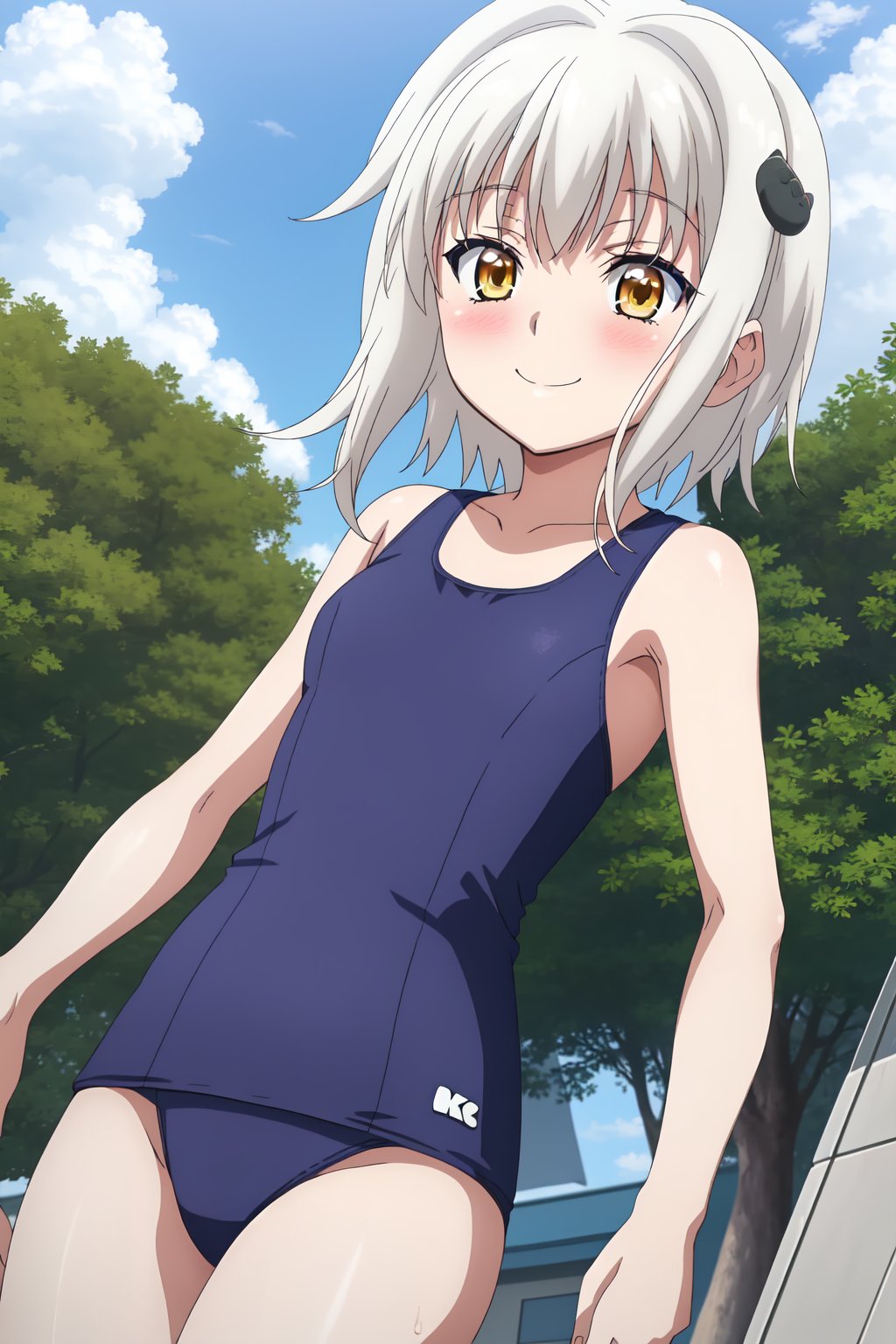 Koneko Tōjō, (8k, HD), 1 girl, alone, short hair, hair ornament, swimsuit, yellow eyes, white hair, sky, day, one-piece swimsuit, school swimsuit, white one-piece swimsuit, cat hair ornament, smile, blush,