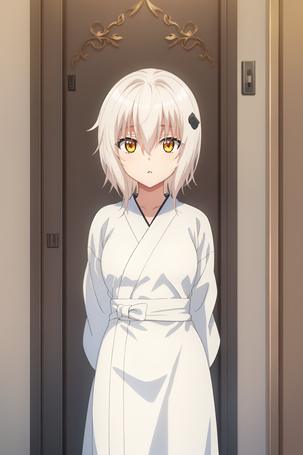 Koneko Tōjō, (8k, HD), 1girl, solo, looking at viewer, short hair, hair ornament, hair between eyes, yellow eyes, white hair, parted lips, indoors, arms behind back, robe, white kimono, door, open door, white robe