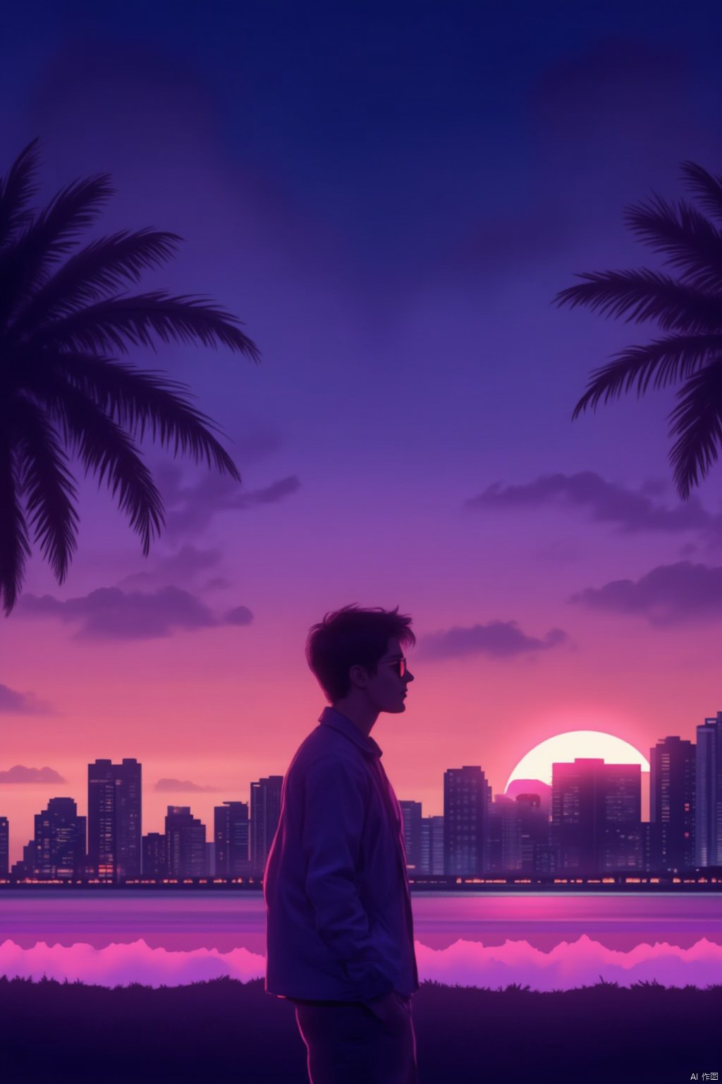 solo, short hair, 1girl, standing, jacket, male focus, outdoors, sky, cloud, water, from behind, tree, night, sunglasses, building, sunset, palm tree,Vaporwave style