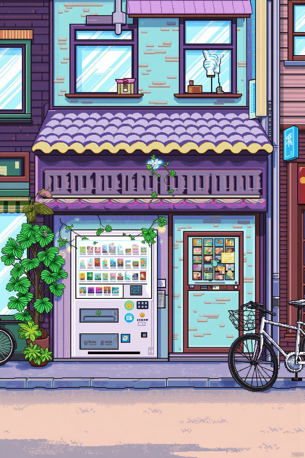 outdoors, no humans, window, plant, ground vehicle, building, scenery, door, potted plant, bicycle, shop, vending machine, storefront,Vaporwave style,