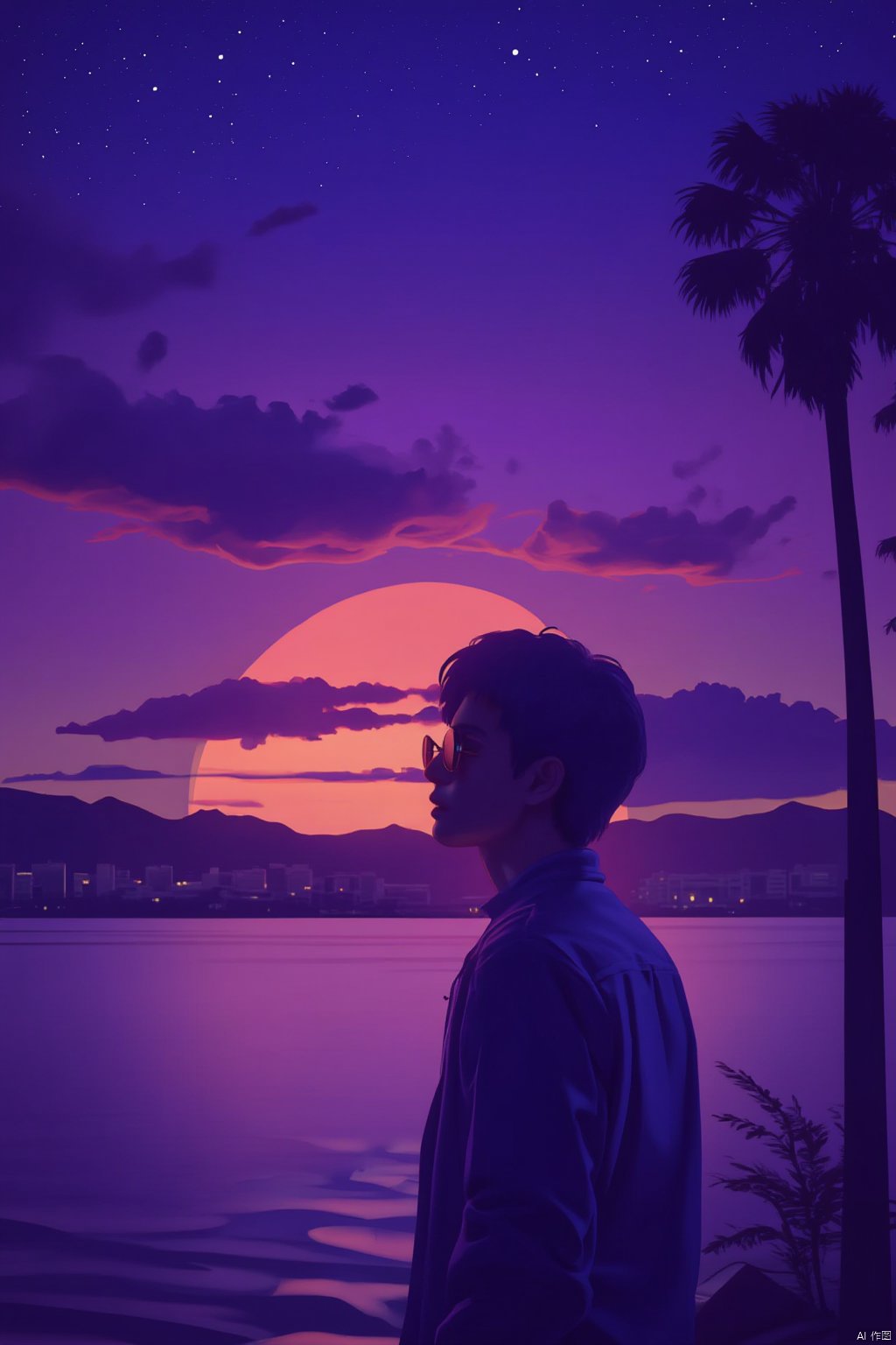 solo, short hair, 1girl, standing, jacket, male focus, outdoors, sky, cloud, water, from behind, tree, night, sunglasses, building, sunset, palm tree,Vaporwave style