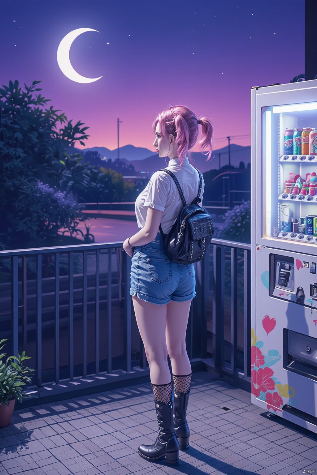 1girl, solo, skirt, shirt, twintails, standing, full body, pink hair, flower, short sleeves, heart, boots, outdoors, sky, shorts, socks, bag, from behind, gradient, shadow, moon, backpack, plant, denim, ?, fishnets, star \(sky\), can, crescent moon, vending machine,Vaporwave style