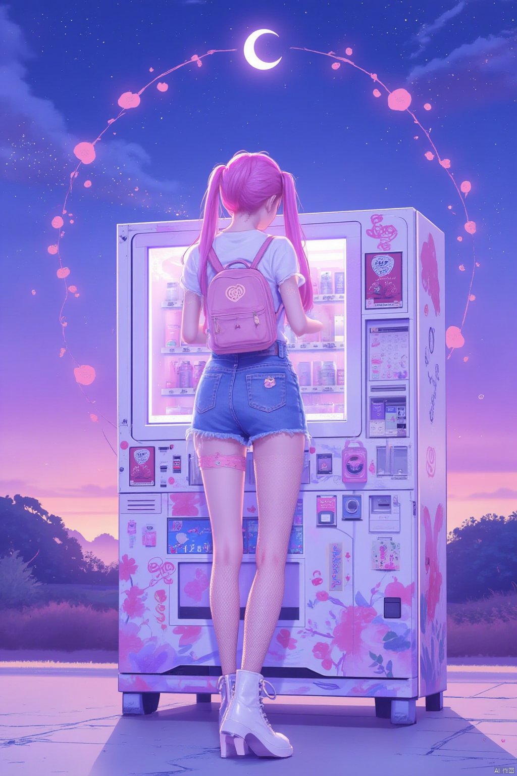 1girl, solo, skirt, shirt, twintails, standing, full body, pink hair, flower, short sleeves, heart, boots, outdoors, sky, shorts, socks, bag, from behind, gradient, shadow, moon, backpack, plant, denim, ?, fishnets, star \(sky\), can, crescent moon, vending machine,Vaporwave style