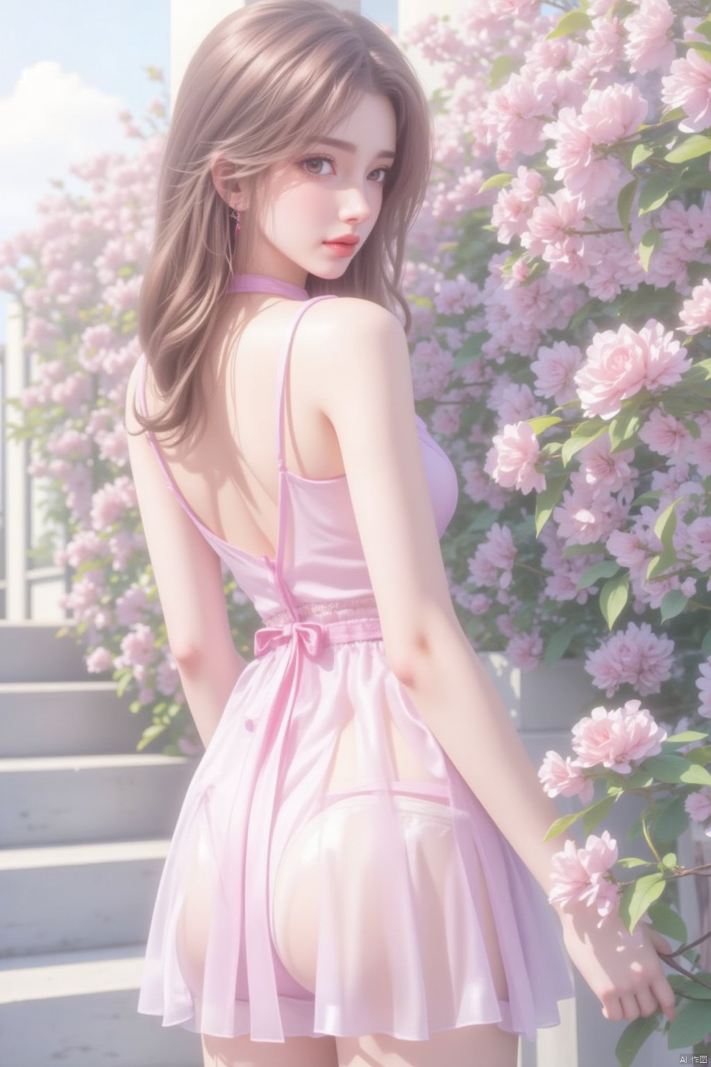 1girl, solo, long hair, looking at viewer, brown hair, dress, bare shoulders, brown eyes, underwear, standing, panties, flower, outdoors, day, looking back, lips, see-through, pink dress, pink flower, stairs