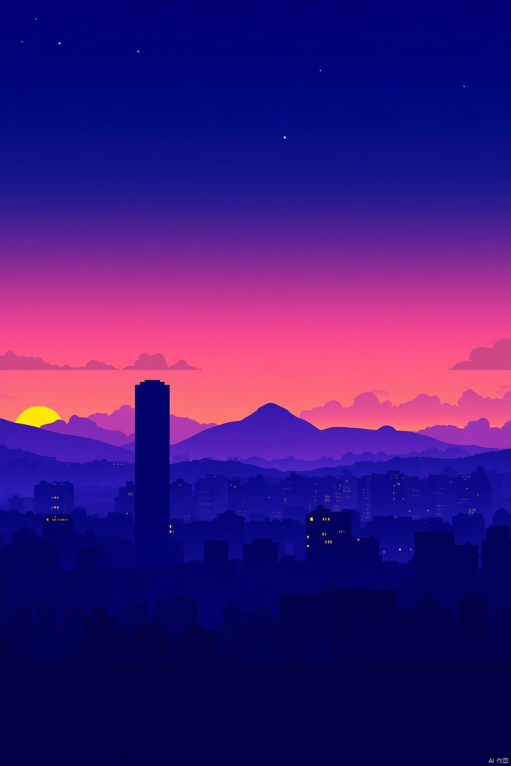 outdoors, sky, cloud, no humans, night, building, scenery, sunset, mountain, city, cityscape, skyscraper, city lights,Vaporwave style,