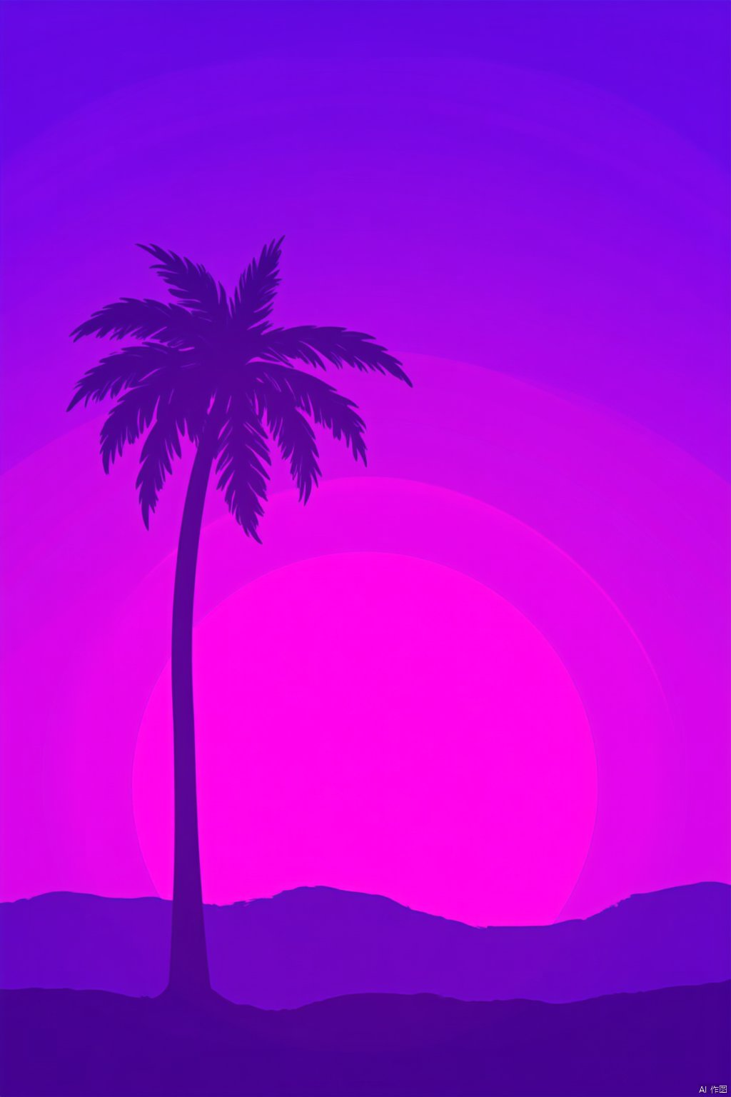 solo, tree, no humans, shadow, border, scenery, sunset, palm tree, silhouette, purple theme,Vaporwave style,