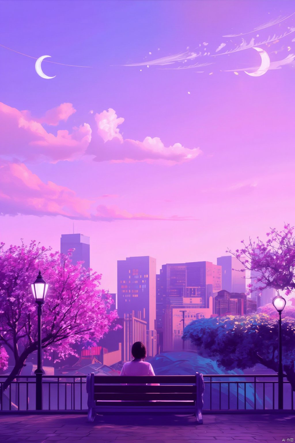 1girl, solo, sitting, outdoors, sky, cloud, tree, moon, cloudy sky, cherry blossoms, building, scenery, city, railing, cityscape, crescent moon, lamppost, skyscraper, pink sky,Vaporwave style,