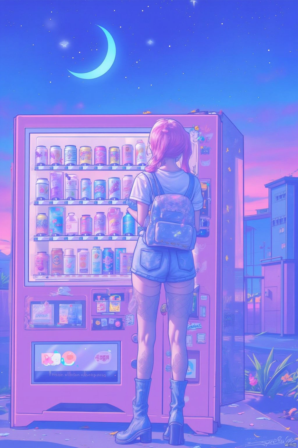 1girl, solo, skirt, shirt, twintails, standing, full body, pink hair, flower, short sleeves, heart, boots, outdoors, sky, shorts, socks, bag, from behind, gradient, shadow, moon, backpack, plant, denim, ?, fishnets, star \(sky\), can, crescent moon, vending machine,Vaporwave style