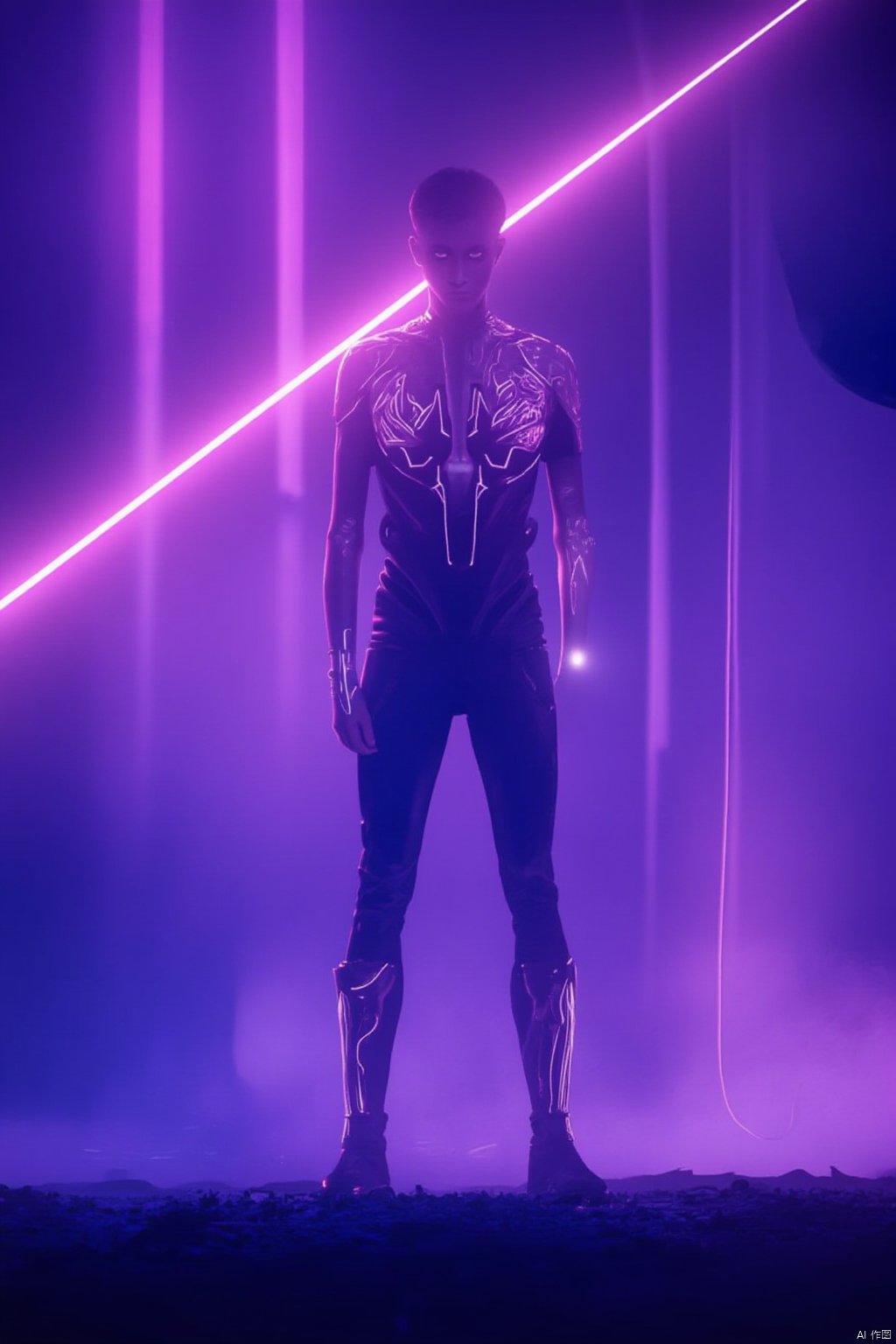 solo, 1boy, standing, male focus, sky, from behind, glowing, science fiction, laser,Vaporwave style