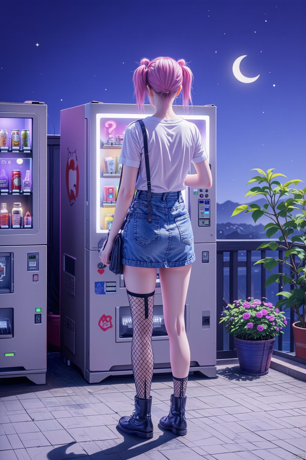 1girl, solo, skirt, shirt, twintails, standing, full body, pink hair, flower, short sleeves, heart, boots, outdoors, sky, shorts, socks, bag, from behind, gradient, shadow, moon, backpack, plant, denim, ?, fishnets, star \(sky\), can, crescent moon, vending machine,Vaporwave style