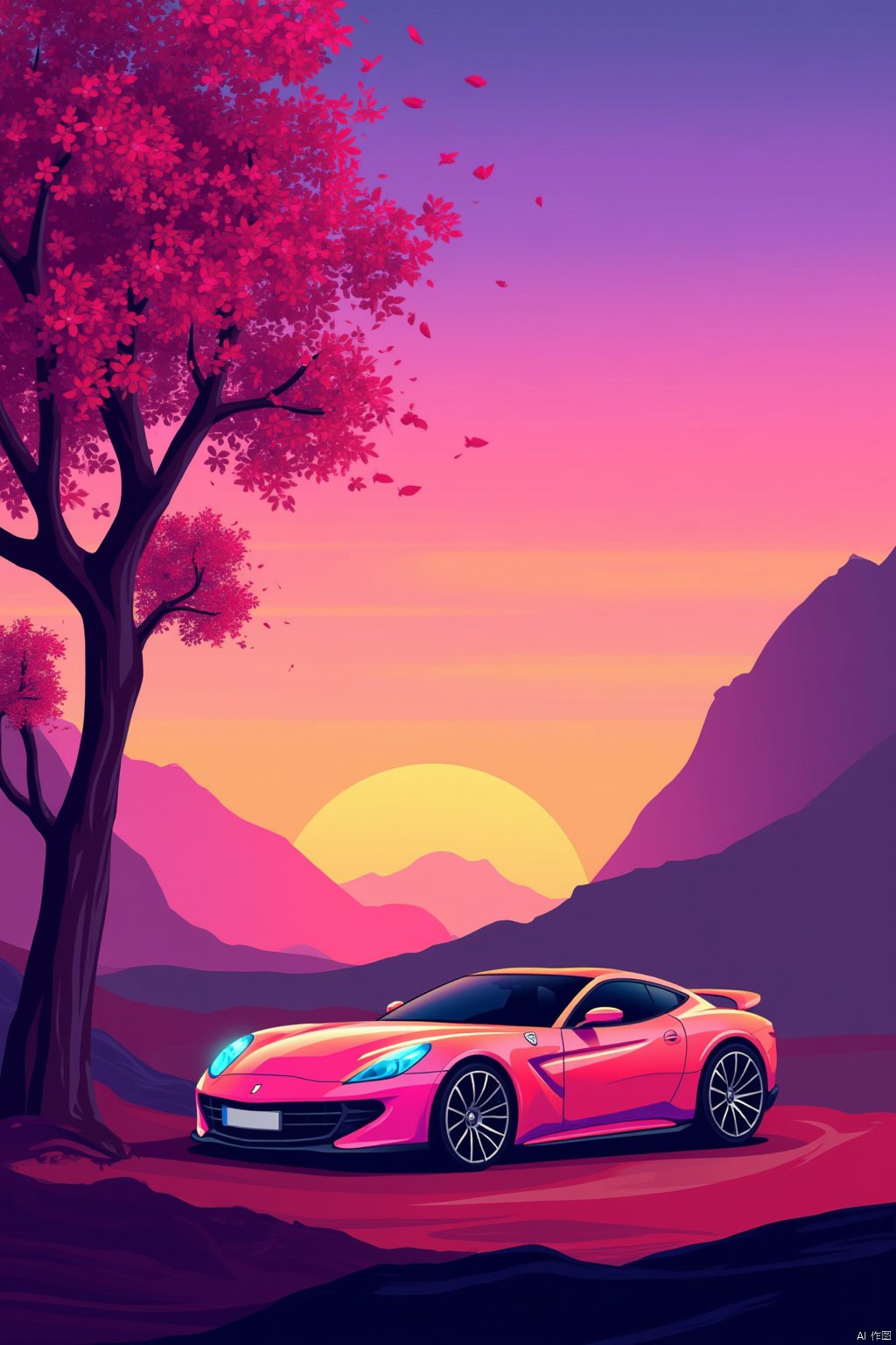 flower, outdoors, sky, tree, petals, no humans, leaf, ground vehicle, motor vehicle, sunset, mountain, car, vehicle focus