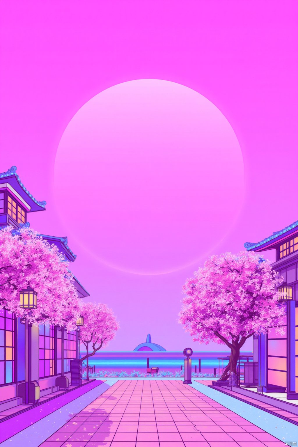 outdoors, sky, tree, no humans, cherry blossoms, scenery, architecture, east asian architecture, pink sky,Vaporwave style,