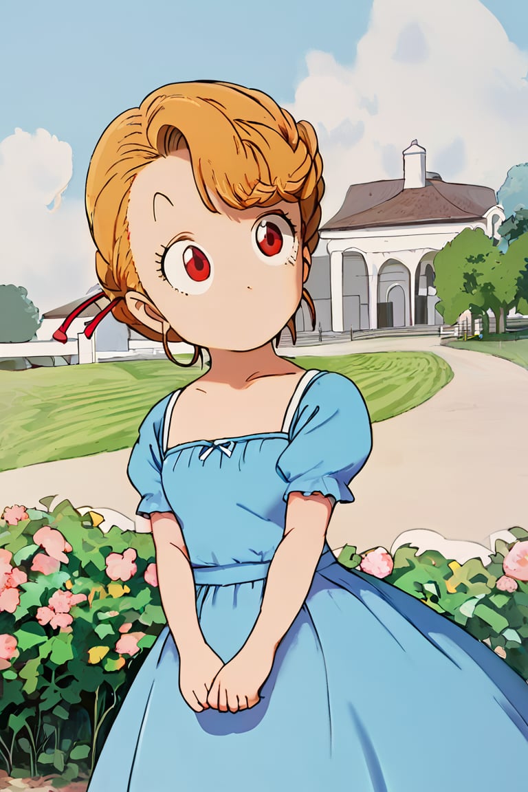 masterpiece, best quality, highly detailed, score_9, score_8_up, score_7_up, score_6_up, source_anime, outdoors, BREAK,Midori_Yamabuki,red eyes,blond hair, blue dress,