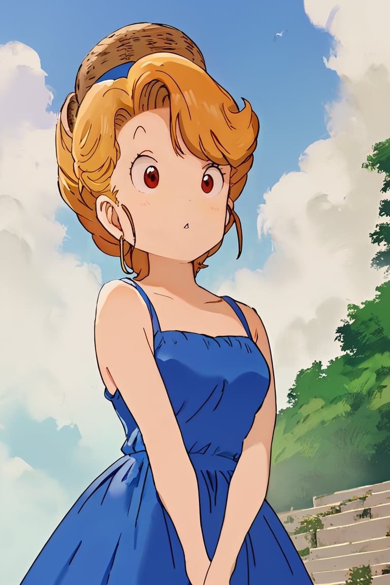 masterpiece, best quality, highly detailed, score_9, score_8_up, score_7_up, score_6_up, source_anime, outdoors, BREAK,Midori_Yamabuki,red eyes,blond hair, blue dress,