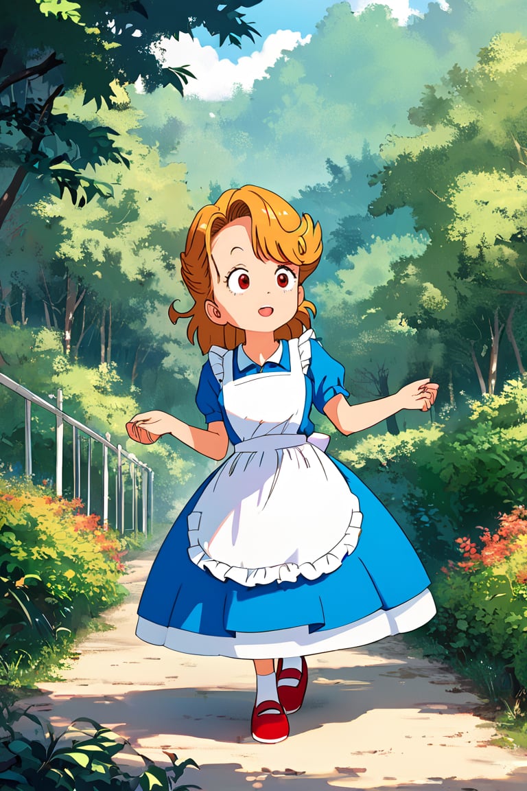 masterpiece, best quality, highly detailed, score_9, score_8_up, score_7_up, score_6_up, source_anime, outdoors, BREAK,Midori_Yamabuki,red eyes, blond hair, blue dress, nature, red shoes, white apron, full body,