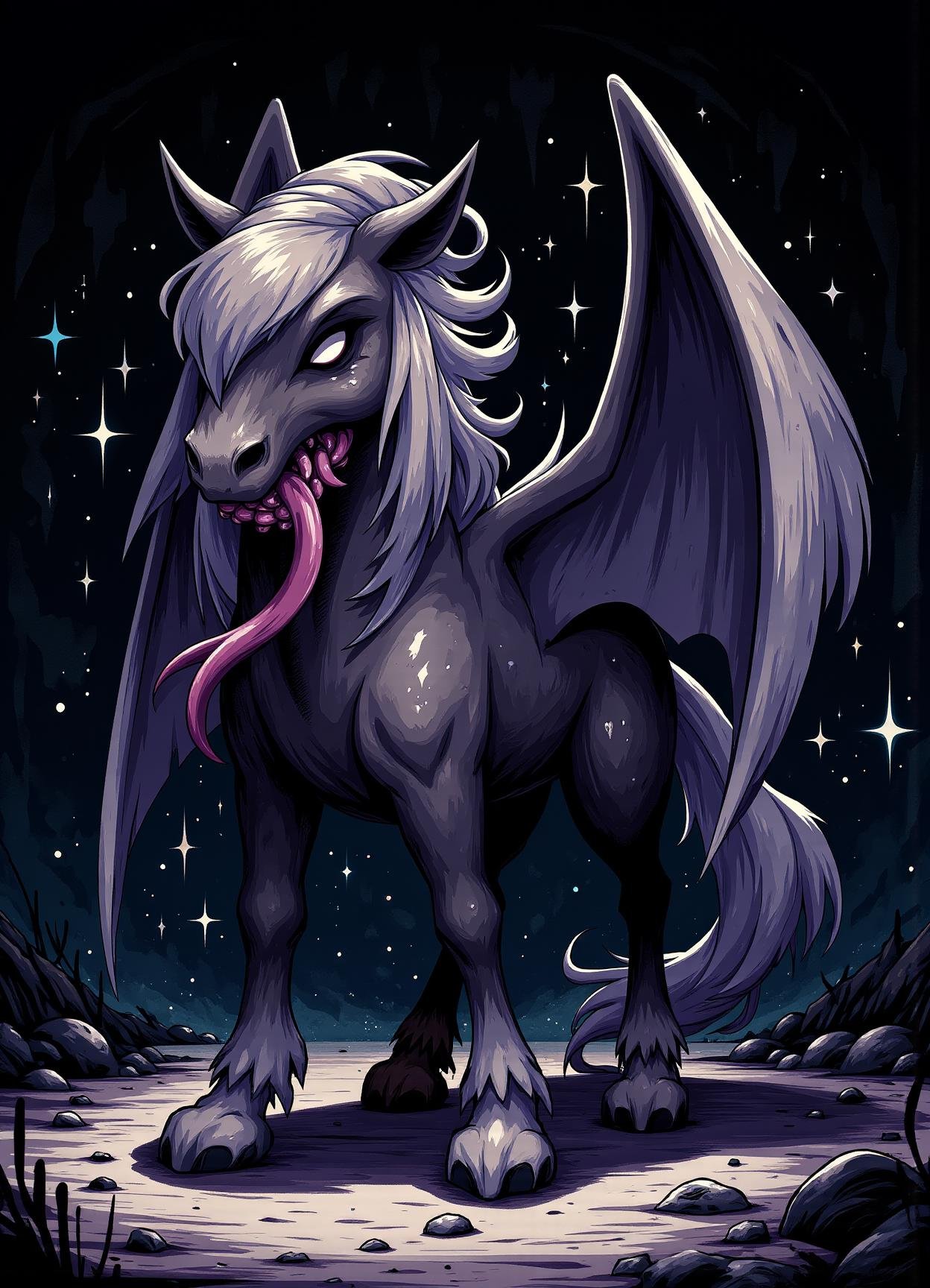 sfw,digital illustration, 2d, dark, hallow eyes,  big vicious subterranean elegant equine sentient being,  furry appendages, single-tailed, long-tailed, smooth skin,    phoenix wings,  #   # tentacled mouth, pixelated pattern,