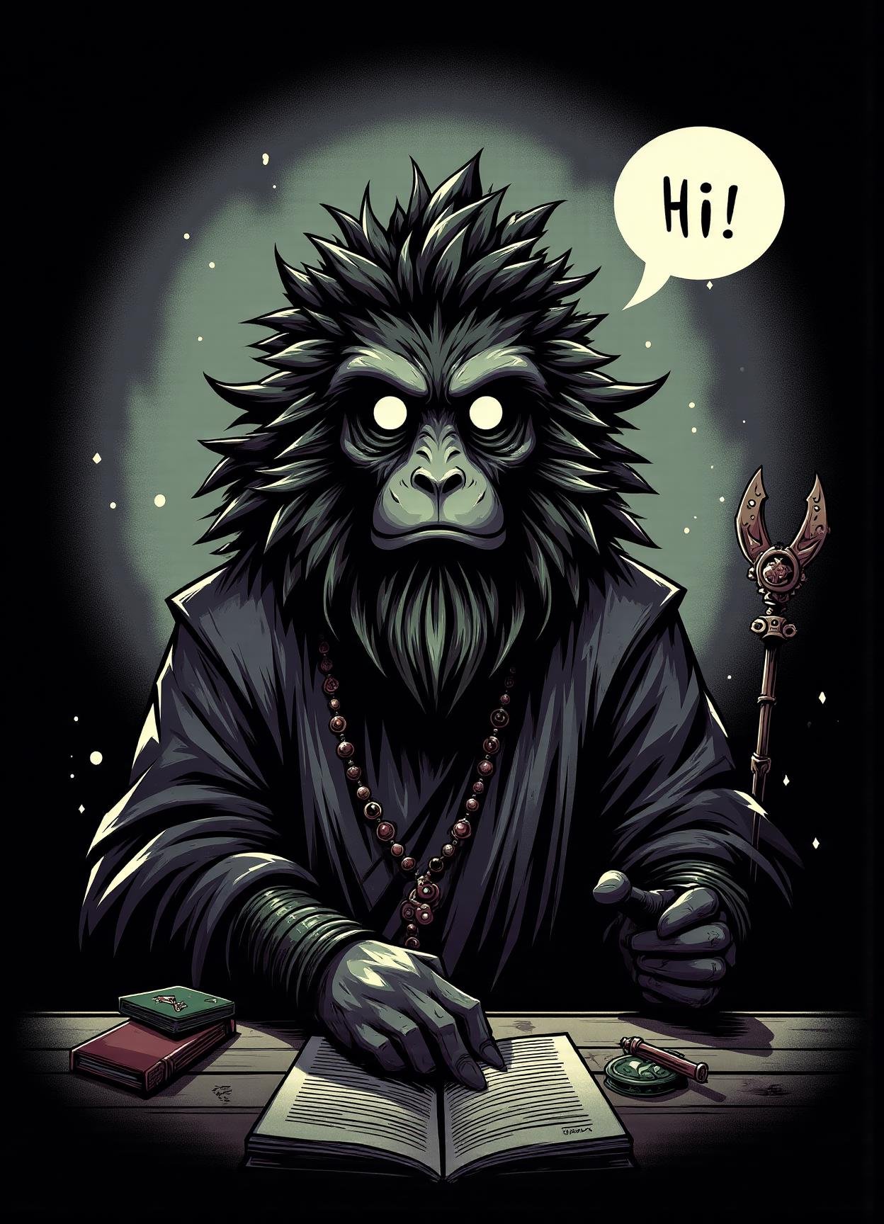 sfw,digital illustration, 2d, dark, hallow eyes,text "Say Hi!",  thoth, god of writing, knowledge, magic, depicted as a man with the head of an baboon, keeper of divine knowledge, associated with the moon and reckoning of time, revered as a wise counselor and magician, guardian of sacred texts   with text in speech bubble "Hi!"