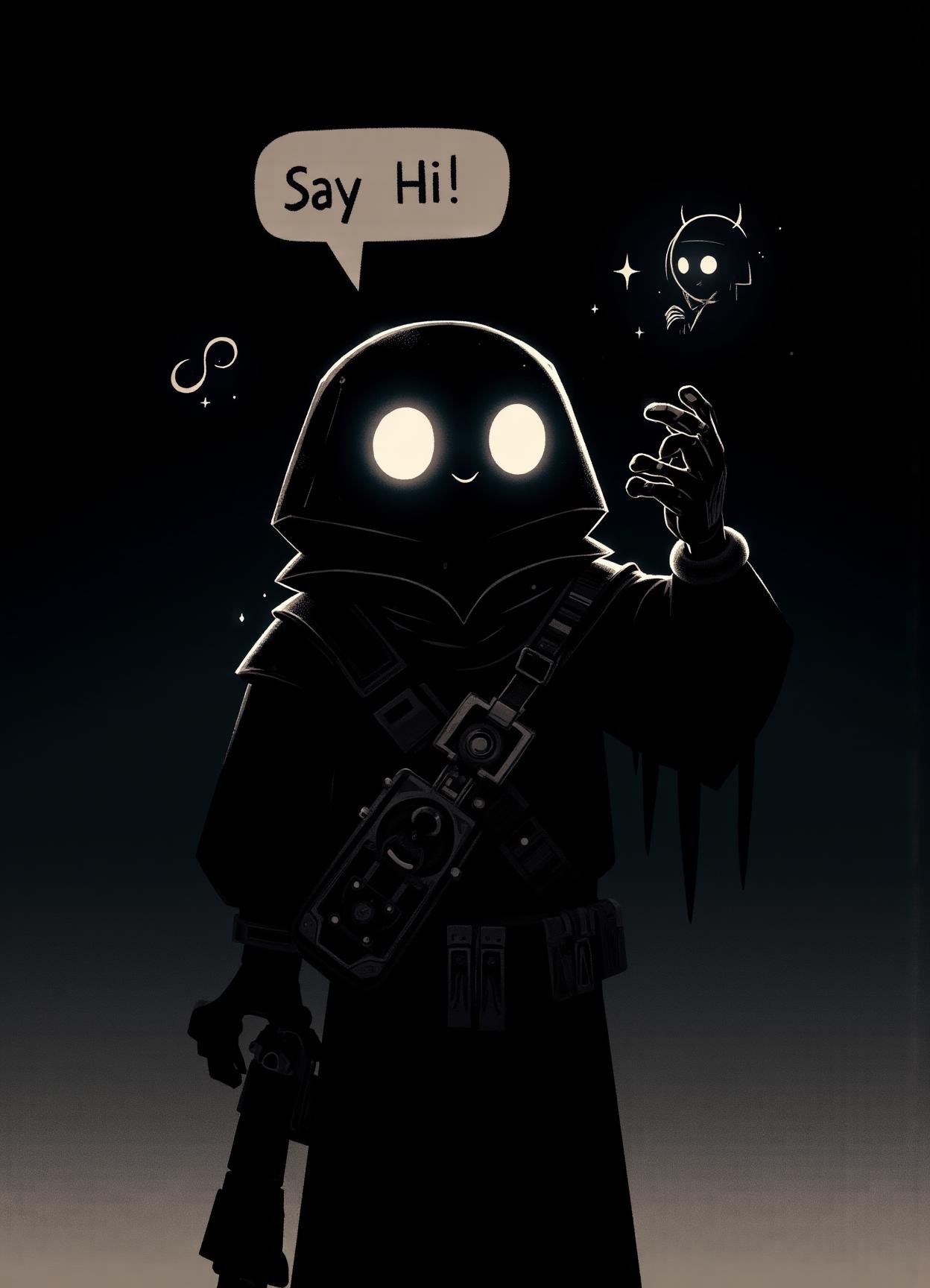 sfw,digital illustration, 2d, dark, hallow eyes,floating text "Say Hi!",  male jawa, nanorobotics researcher,infiltrator, tribal sling with text in speech bubble "Hi!"