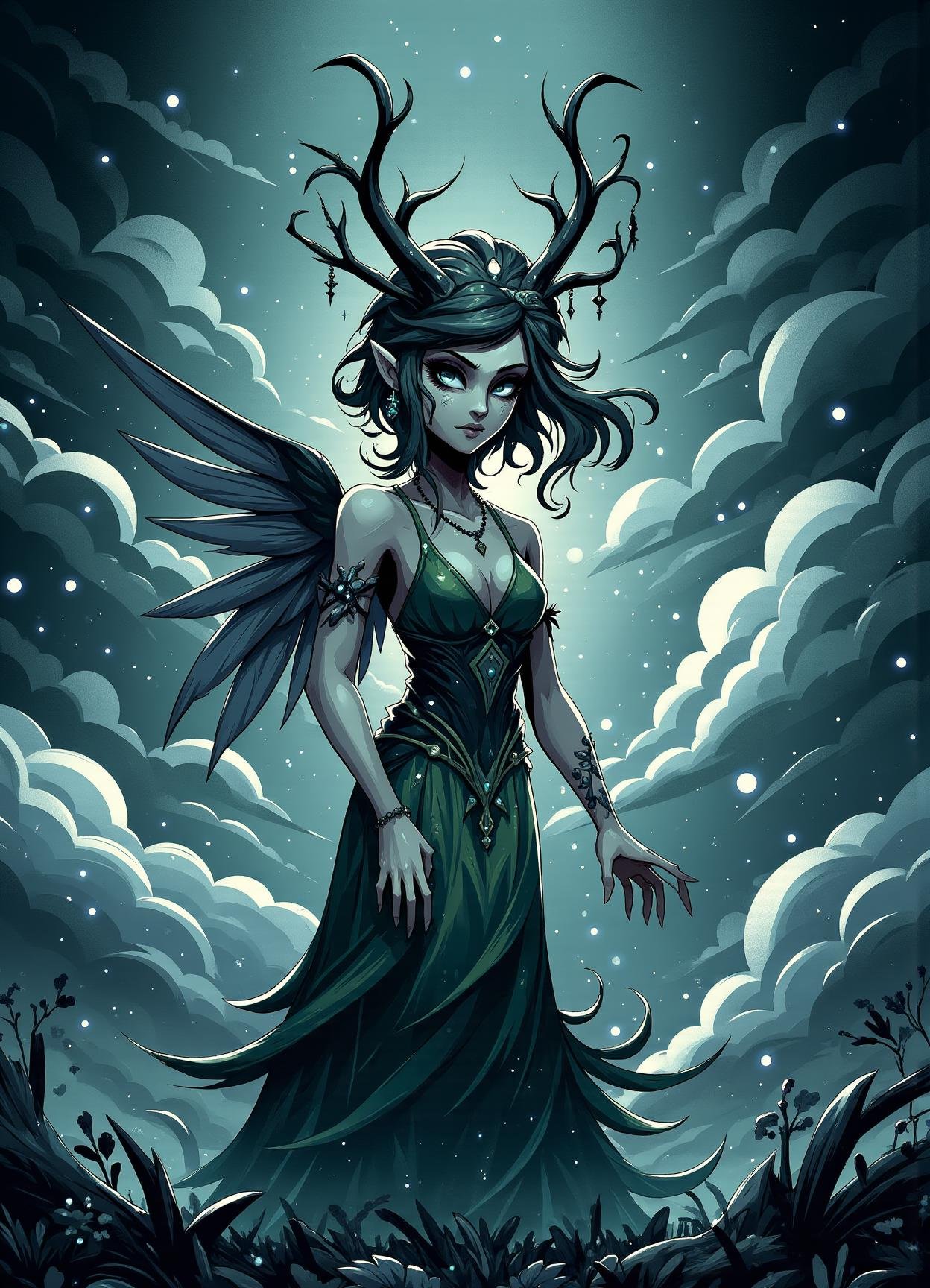 sfw,digital illustration, 2d, dark, hallow eyes, sylph, humanoid elemental being, delicate and ethereal being with gossamer wings, guardians of the air, mountain top,weather