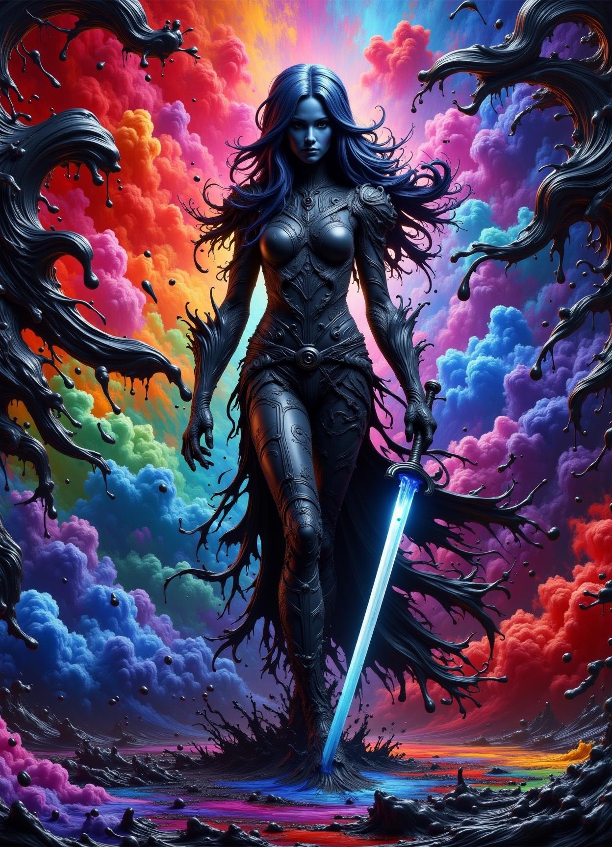 donmp41n717bl4ckfx sfw,digital artwork,  female ssarg, , crystal sword, colorful, surreal