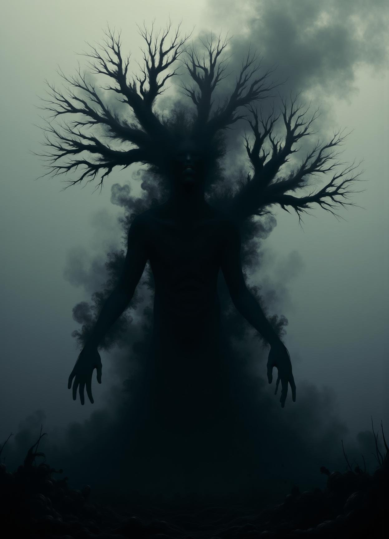 donmp41n717bl4ckfx sfw,digital artwork, text "Paint it black!",  tree ent, formless mist like creature, made of smoke and vapor, transluscent, transparent, uncorporeal, humanoid shape in the smoke, glowing radiant presence, mystical ephemeral appearance,fog, ghostly apparitions , surreal, wet black paint